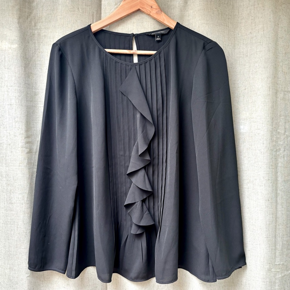 Banana Republic Blouse, Black, Small | Pintucks and Ruffle | Button Neck/Cuffs